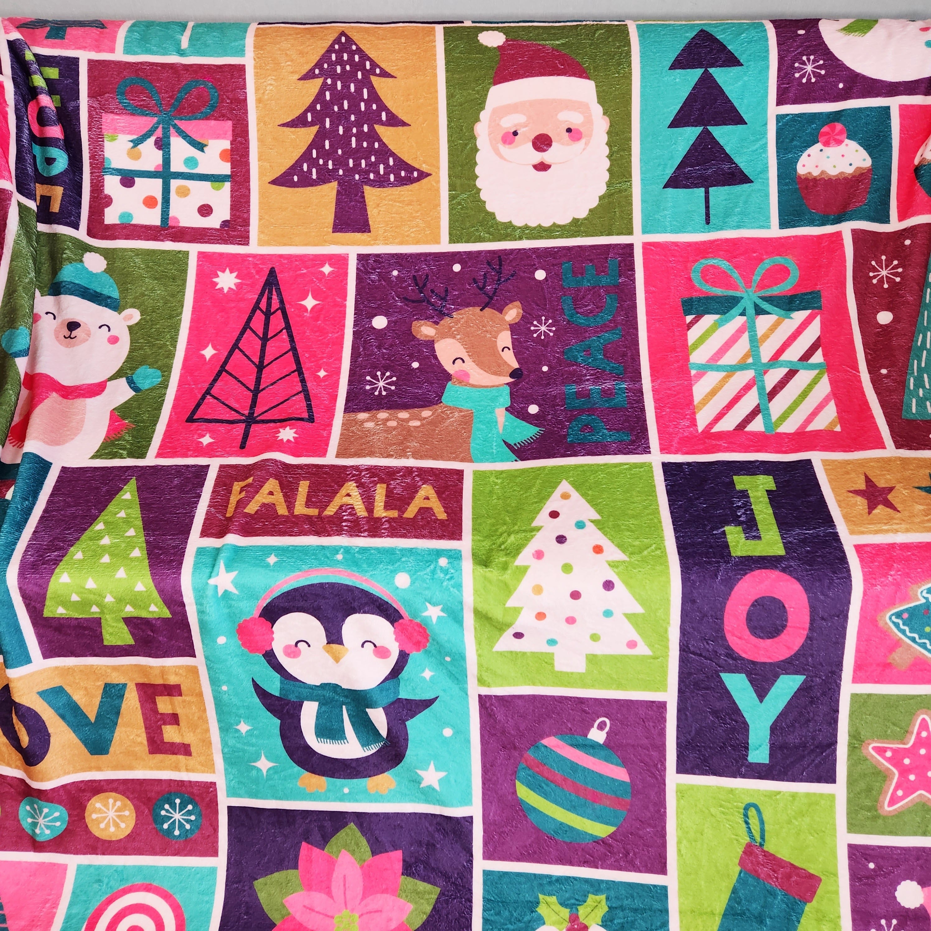 Warm Flannel Blanket for Camping & Home Use with Christmas Cartoon Santa Snowman