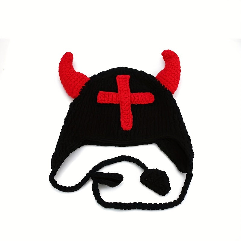 Funny Horn Cross Knit Hat Unisex Bull Horn Crochet Beanie Cap