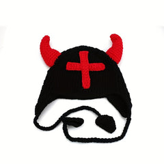 Funny Horn Cross Knit Hat Unisex Bull Horn Crochet Beanie Cap