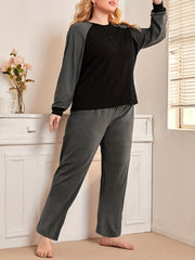 Plus Size Button Decor Raglan Sleeve Top & Joggers Lounge Set