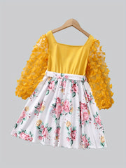 Girls Butterfly Lace Sleeve Floral Princess Dress For Party Vacation