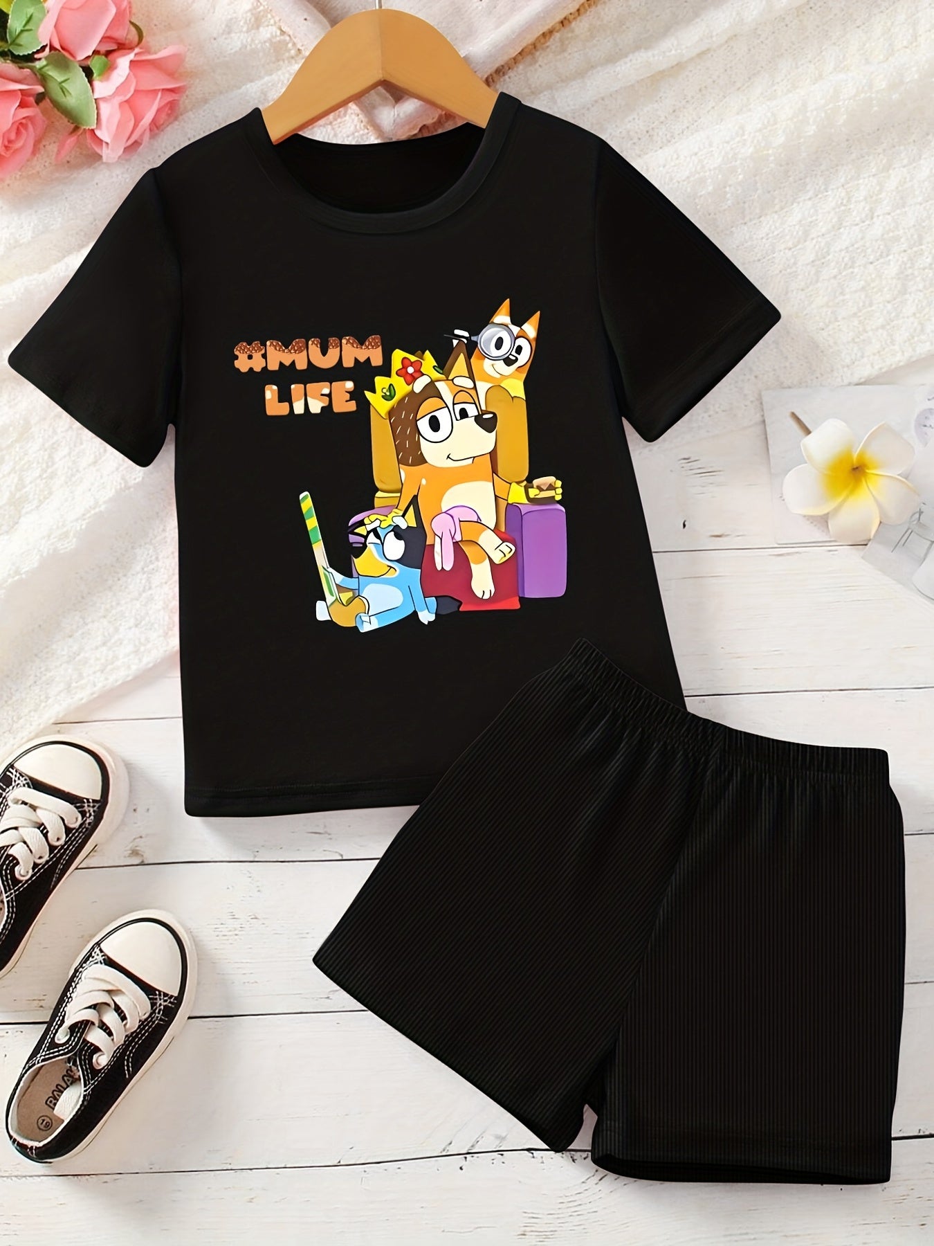 Girl's Dog Print 2pcs T-shirt & Shorts Set MUM LIFE Print Outfits