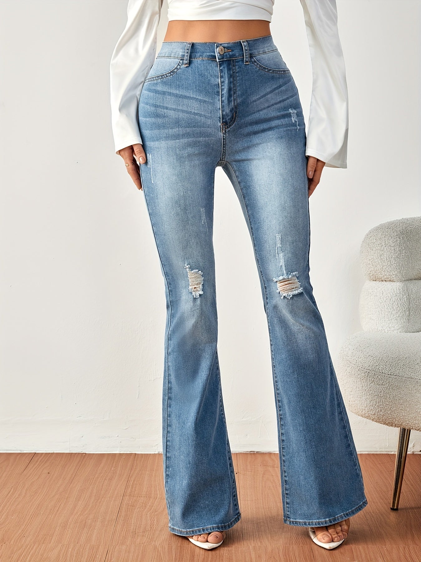 Ripped Flared Jeans Wide Legs Bell Bottom Slash Pockets Casual Denim Pants