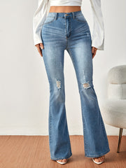 Ripped Flared Jeans Wide Legs Bell Bottom Slash Pockets Casual Denim Pants