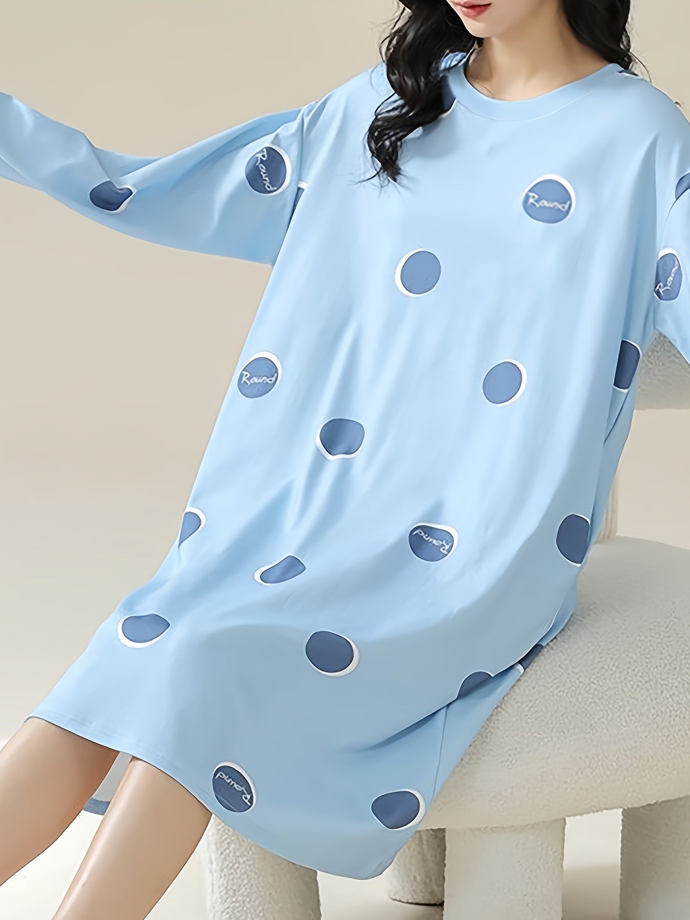 Polka Dot Print NightDress Long Sleeve Pajama Dress