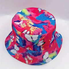 Colorful Butterfly Print Bucket Hat Rose Red Tie Dye Sunscreen Fisherman Cap