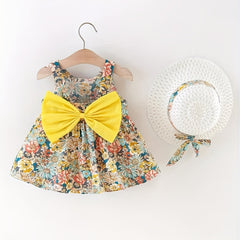 2pcs Baby Girls Floral Print Sleeveless Dress & Hat Set