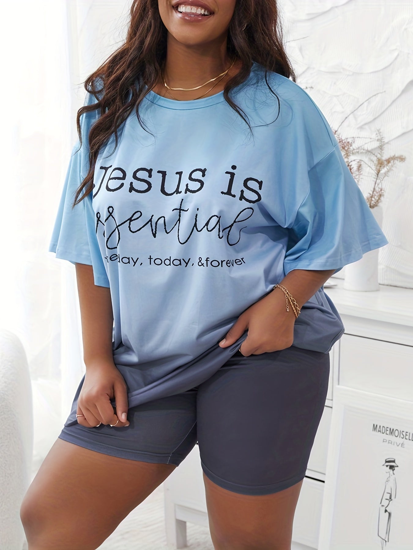 Ombre & Slogan Print Tee & Shorts Pajama Set