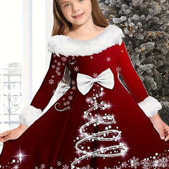 Girls Bow Christmas Tree Graphic Long Sleeve Dress