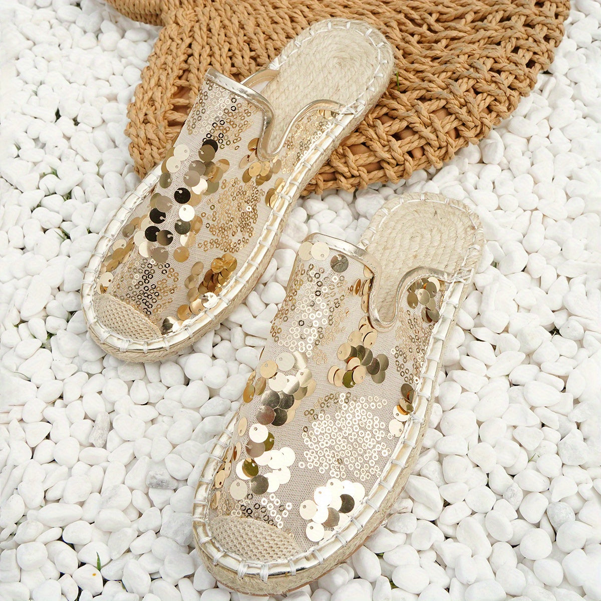 Sequins Mesh Panel Slip On Espadrilles Shoes Glitter Comfy Summer Shoes