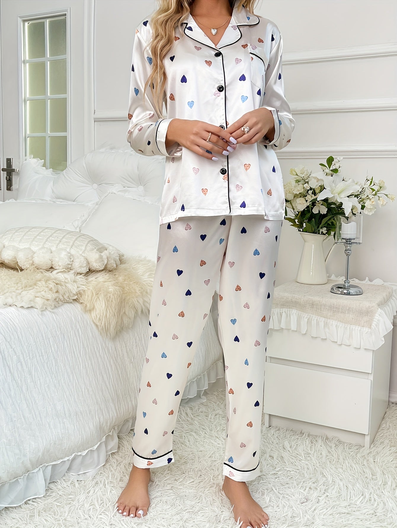 Heart Print Satin Pajamas Set Long Sleeve Top & Pants Women's Sleepwear