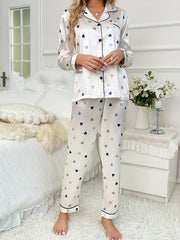 Heart Print Satin Pajamas Set Long Sleeve Top & Pants Women's Sleepwear