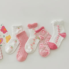 5 Pairs Girls Cotton Blend Lace Crew Socks for Spring/Autumn