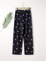 Heart Print Sleep Bottom Loose & Breathable Elastic Waistband Long Pants