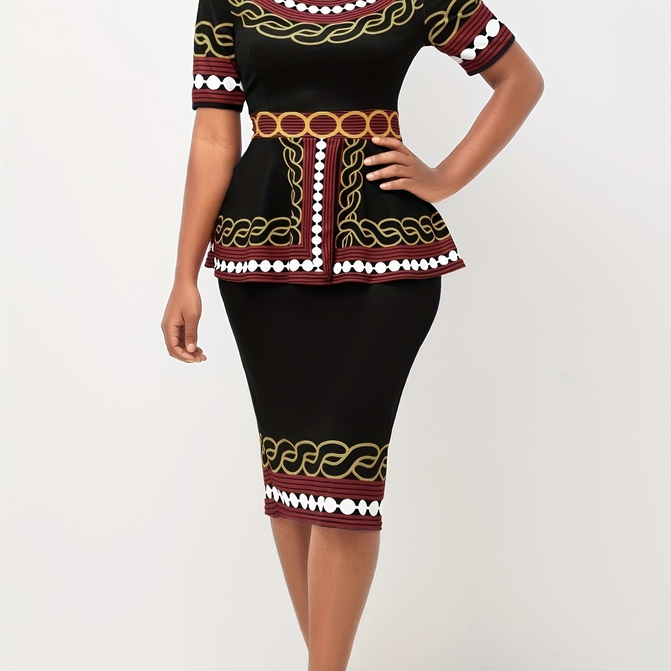 Abstract Print Casual Two Piece Set Short Sleeve Tops & Midi Skirts
