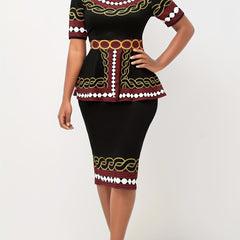 Abstract Print Casual Two Piece Set Short Sleeve Tops & Midi Skirts