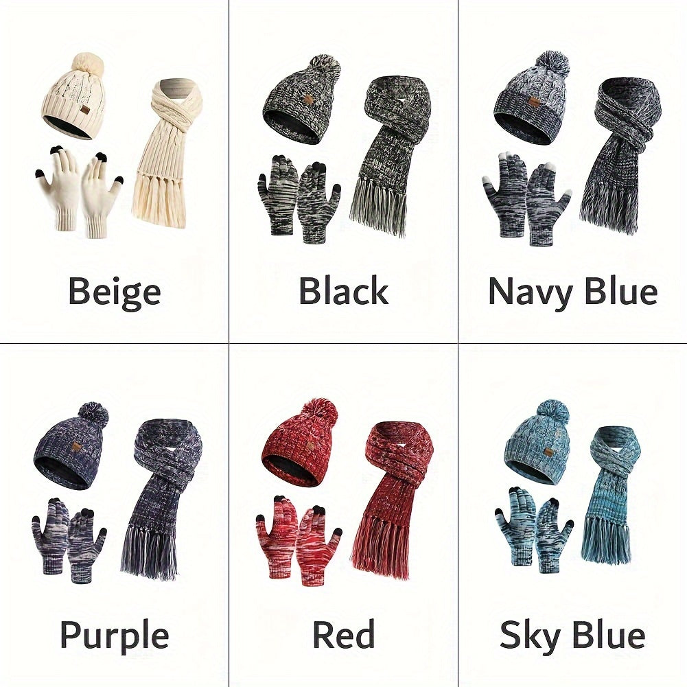 Winter Knitted Hat Scarf Set Velvet Lining Warm Beanies Pom Touch Screen Gloves