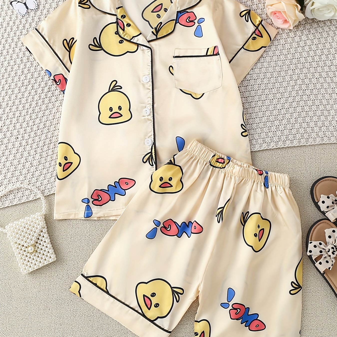 Girls Duck Print Button Down Top & Shorts Set Comfortable Loungewear