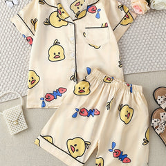 Girls Duck Print Button Down Top & Shorts Set Comfortable Loungewear