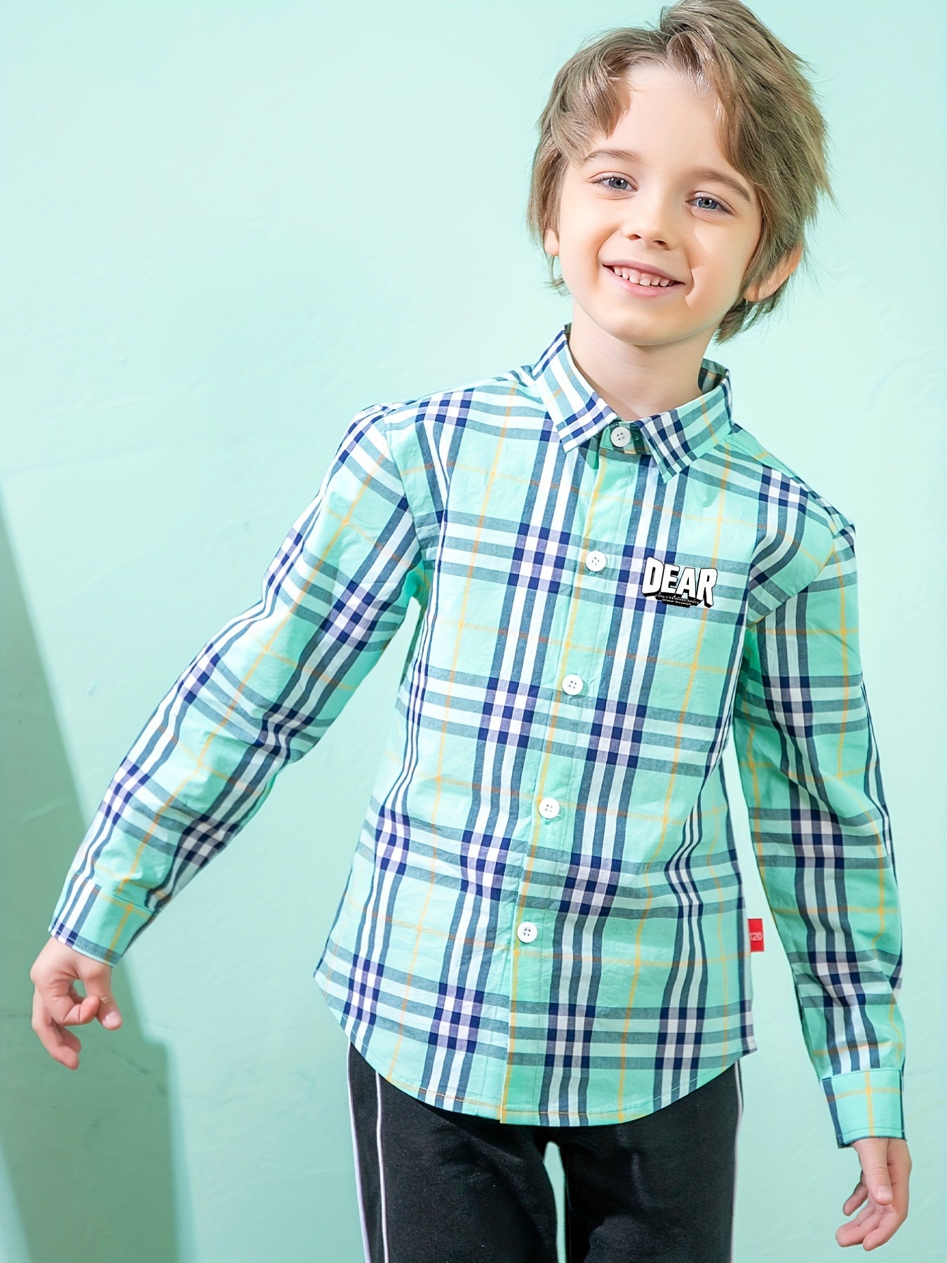 Boys Letter Print Plaid Shirts Button Down Tops Spring Fall Outwear Jacket