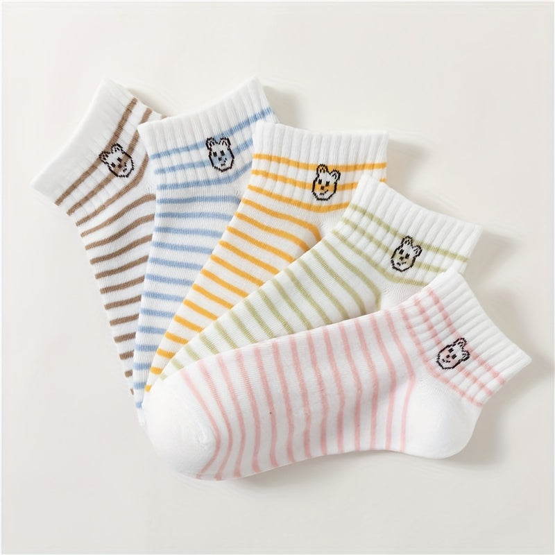 5 Pairs Cartoon Bear & Striped Short Socks Women's Stockings