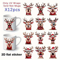 12pcs Christmas Deer Cartoon Vinyl Stickers for Cup Laptop Helmet DIY