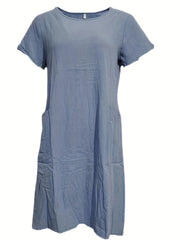 Round Neck Pocket Dress Casual Solid Short Sleeve Knee Length Dresses Women