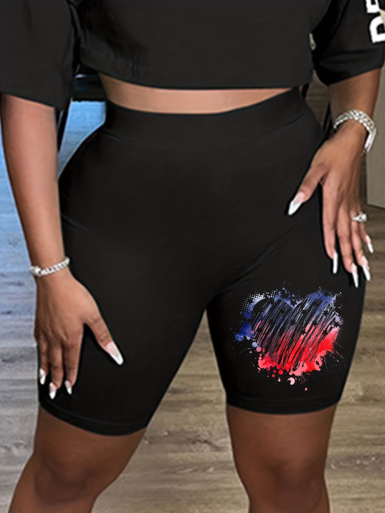 Women's Plus Graffiti Heart Print High Rise Biker Shorts