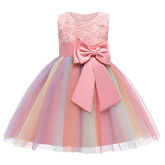 Girls Sleeveless Puffy Princess Dress Gown Flowers Bow Rainbow Tulle Dress