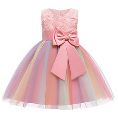 Girls Sleeveless Puffy Princess Dress Gown Flowers Bow Rainbow Tulle Dress
