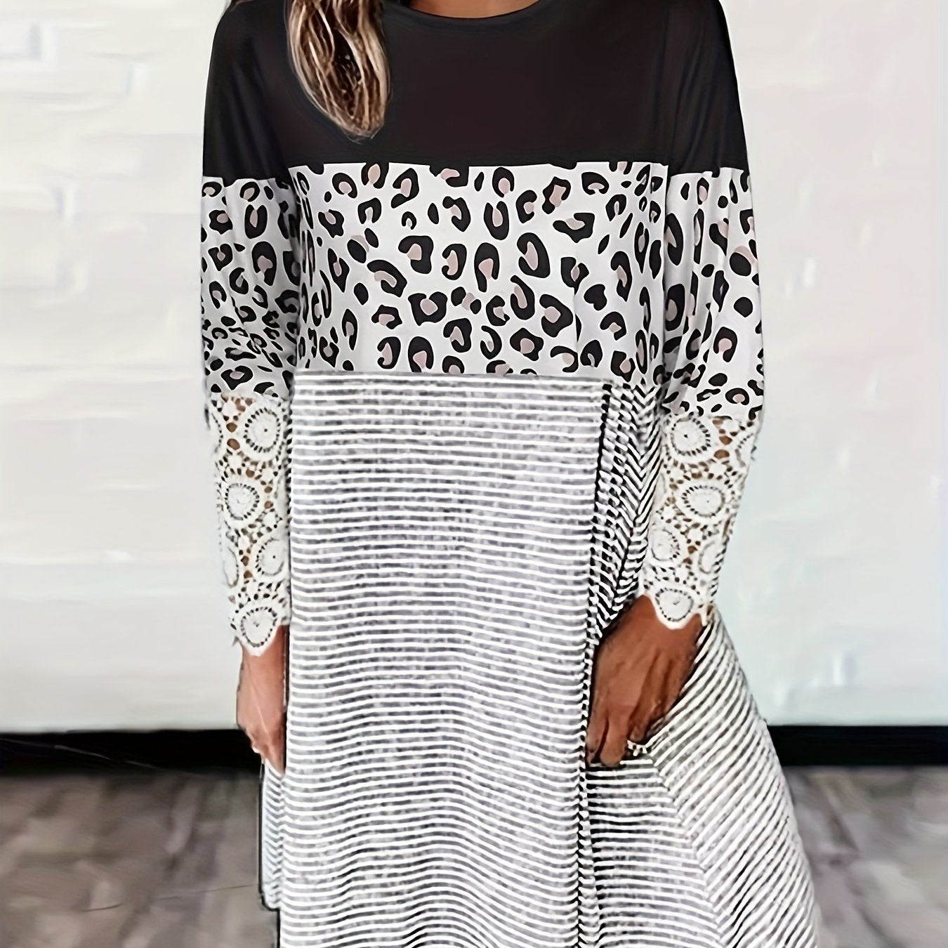 Colorblock Stripe & Leopard Print Lace Dress