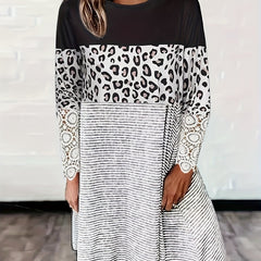 Colorblock Stripe & Leopard Print Lace Dress