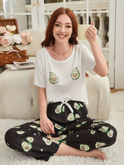 Avocado Print Pajama Set Short Sleeve Top & Pants Women's Sleepwear