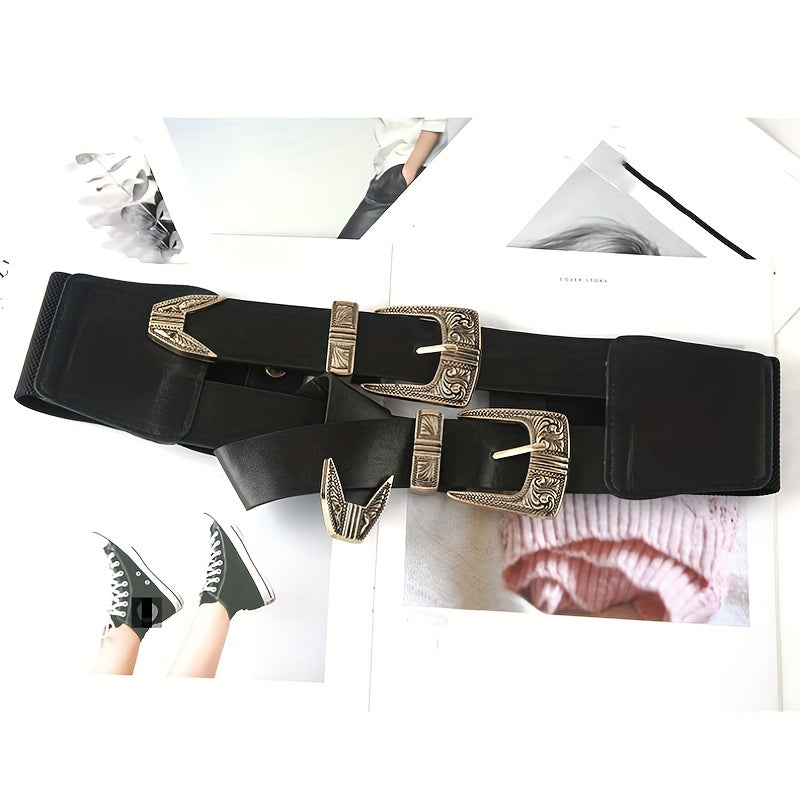 Double Layer Carved Buckle Belt Gothic Vintage Wide Waistband Women Coat Girdle