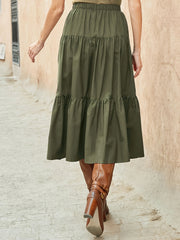 Solid Elastic Waist Pleated Smock A line Skirt