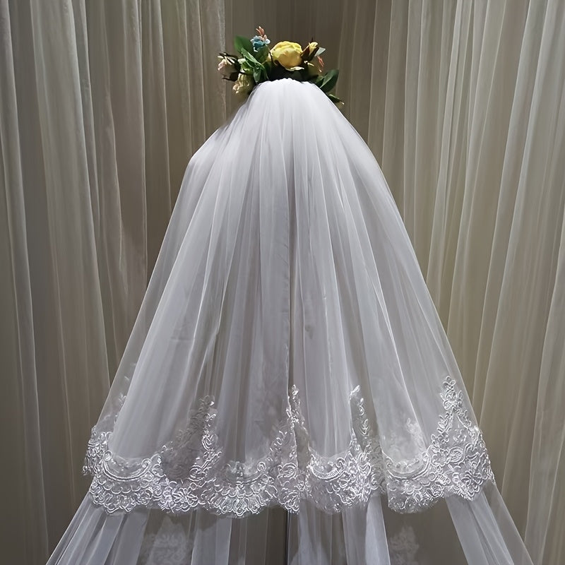 Royal Style Bridal Veil with Long Train and Floral Lace Overlay