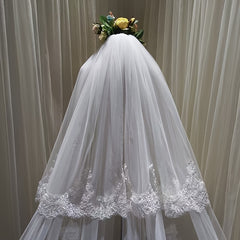 Royal Style Bridal Veil with Long Train and Floral Lace Overlay