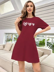 Heart Print Pajama Dress Crew Neck Short Sleeve Nightgown