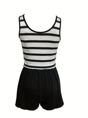 Stripe Print Pajama Set Crew Neck Sleeveless Top & Shorts