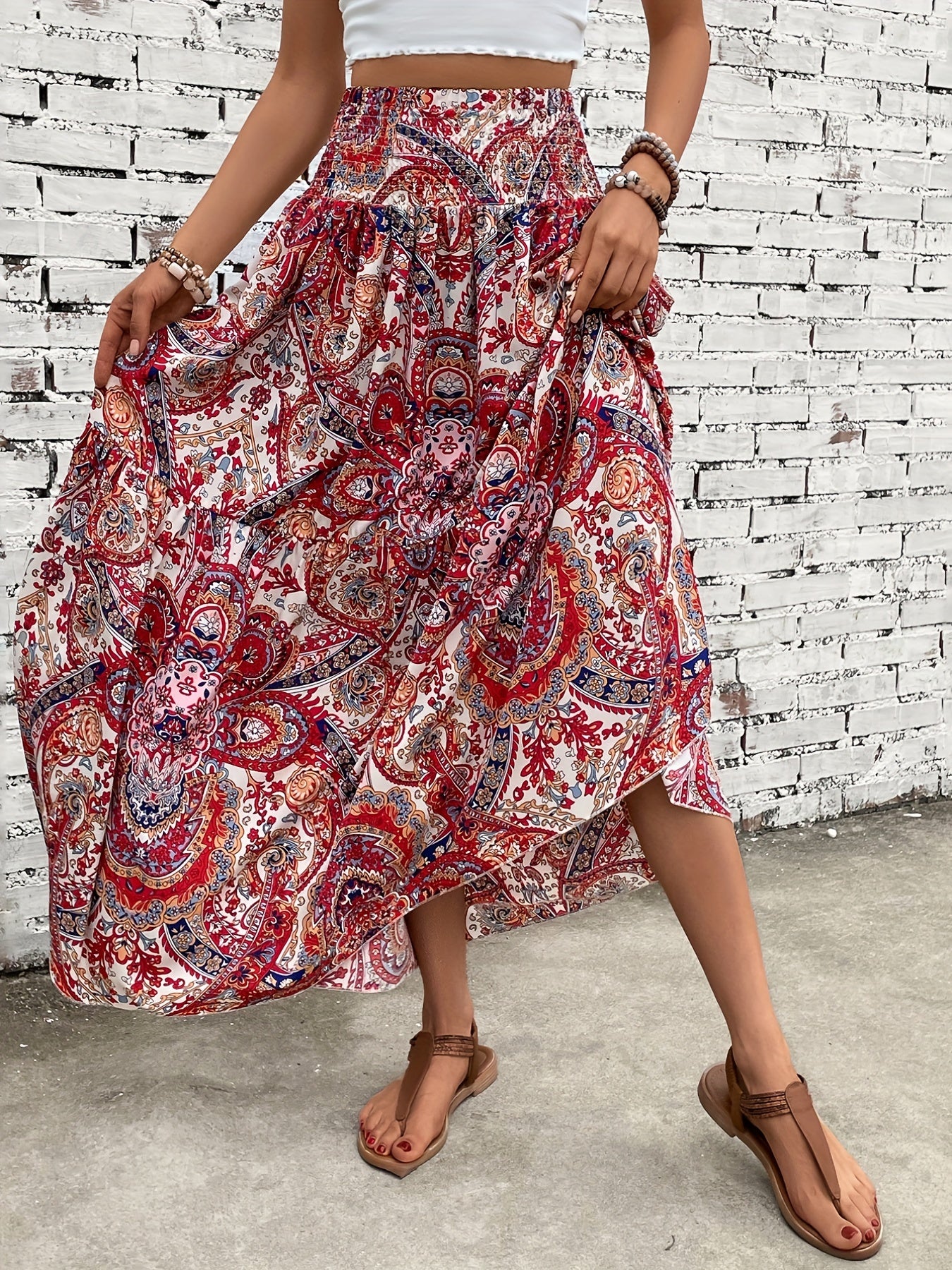 Paisley Print Shirred Waist Skirt for Women