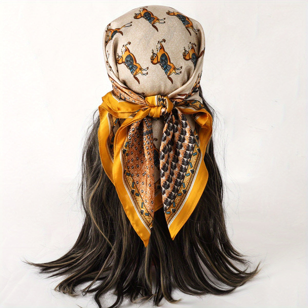 Vintage Horse Print Bandana Yellow Boho Silky Square Scarf Classic Necke...