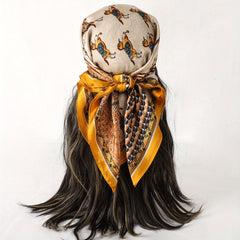 Vintage Horse Print Bandana Yellow Boho Silky Square Scarf Classic Necke...