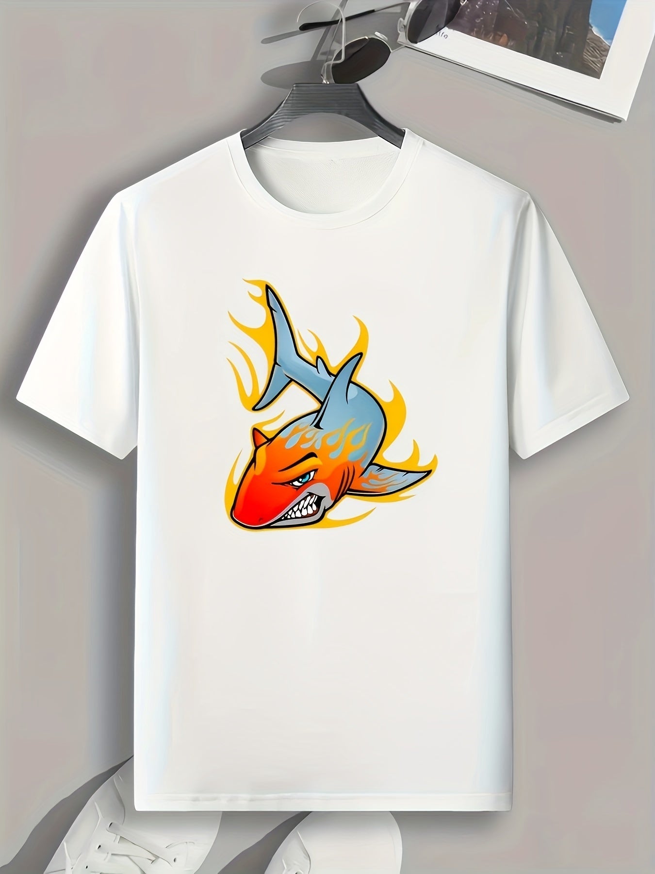 Burning Shark Print Men's Graphic T-Shirt for Summer