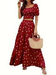Polka Dot Print Shirred Puff Sleeve Square Neck Crop Top & Skirt Set