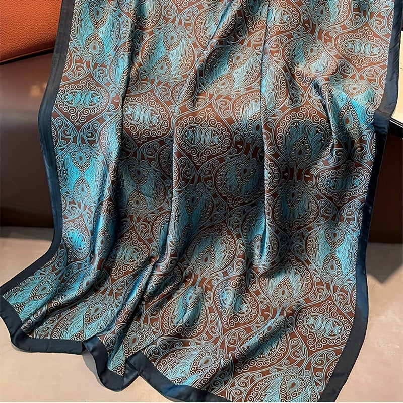 Vintage Floral Print Large Scarf Dark Green Satin Shawl Silk