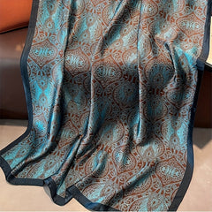 Vintage Floral Print Large Scarf Dark Green Satin Shawl Silk
