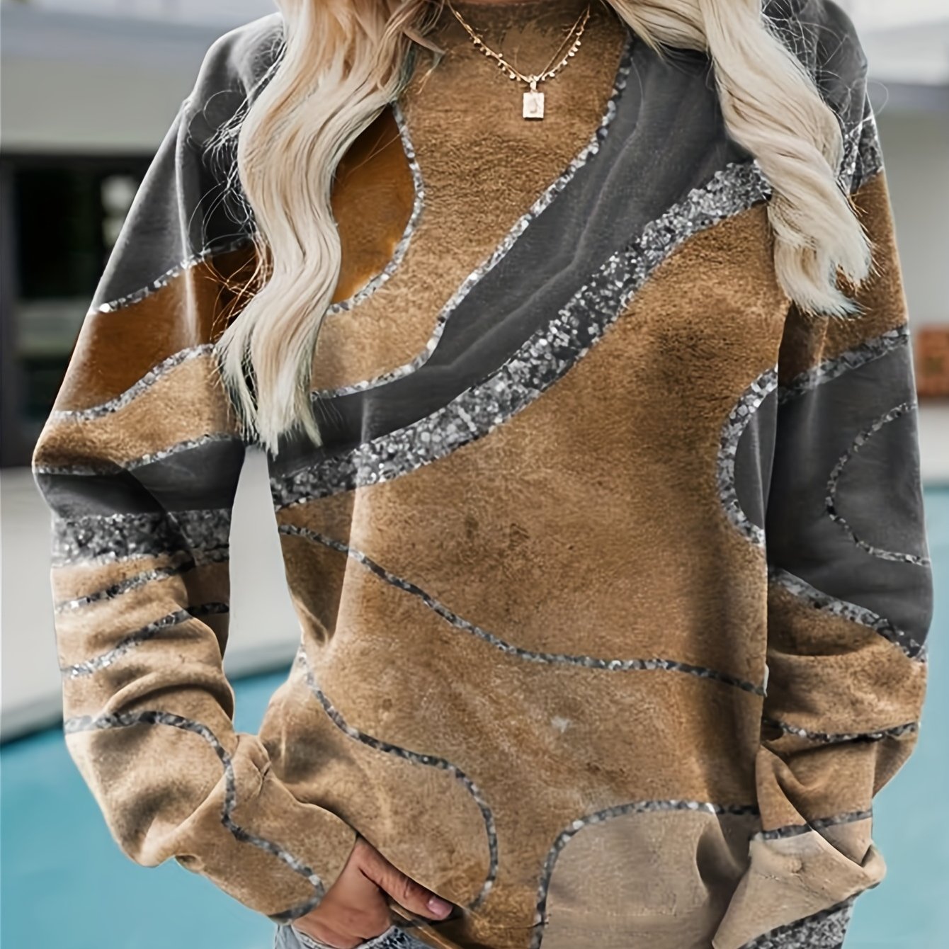 Marble Print Pullover Sweatshirt Crew Neck for Women