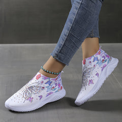 Floral Printed Butterfly Slip On Sneakers Rhinestone Decor Knitted Shoes