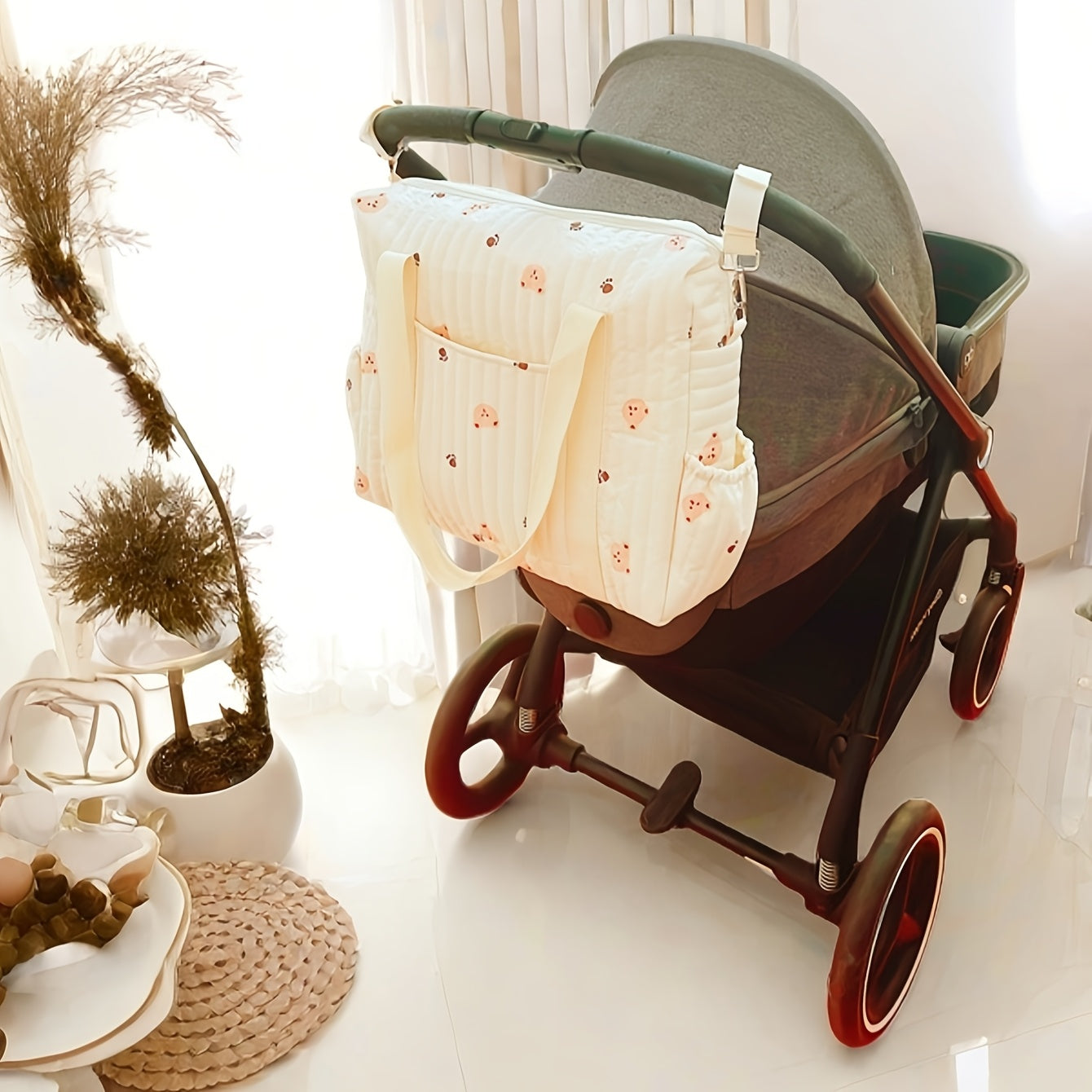 Beige Bear Paw Print Parent Bag Quilted Polyester Handbag & Shoulder Bag