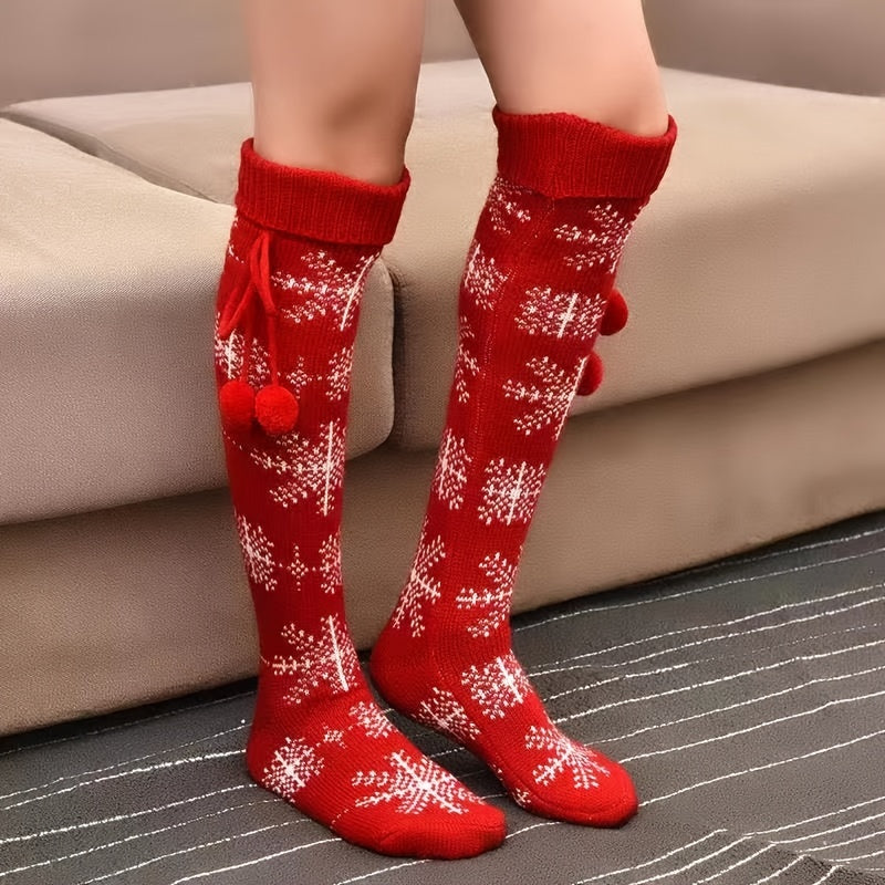 Christmas Knee High Stockings Warm Cotton Knit Socks Red Women's Hosier